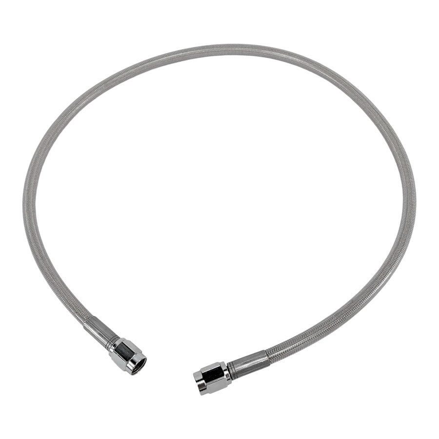 A Goodridge Universal Stainless Steel Braided Motorcycle Brake Line - Clear Coated - 23", featuring a PTFE liner and clear PVC coating, on a white background.