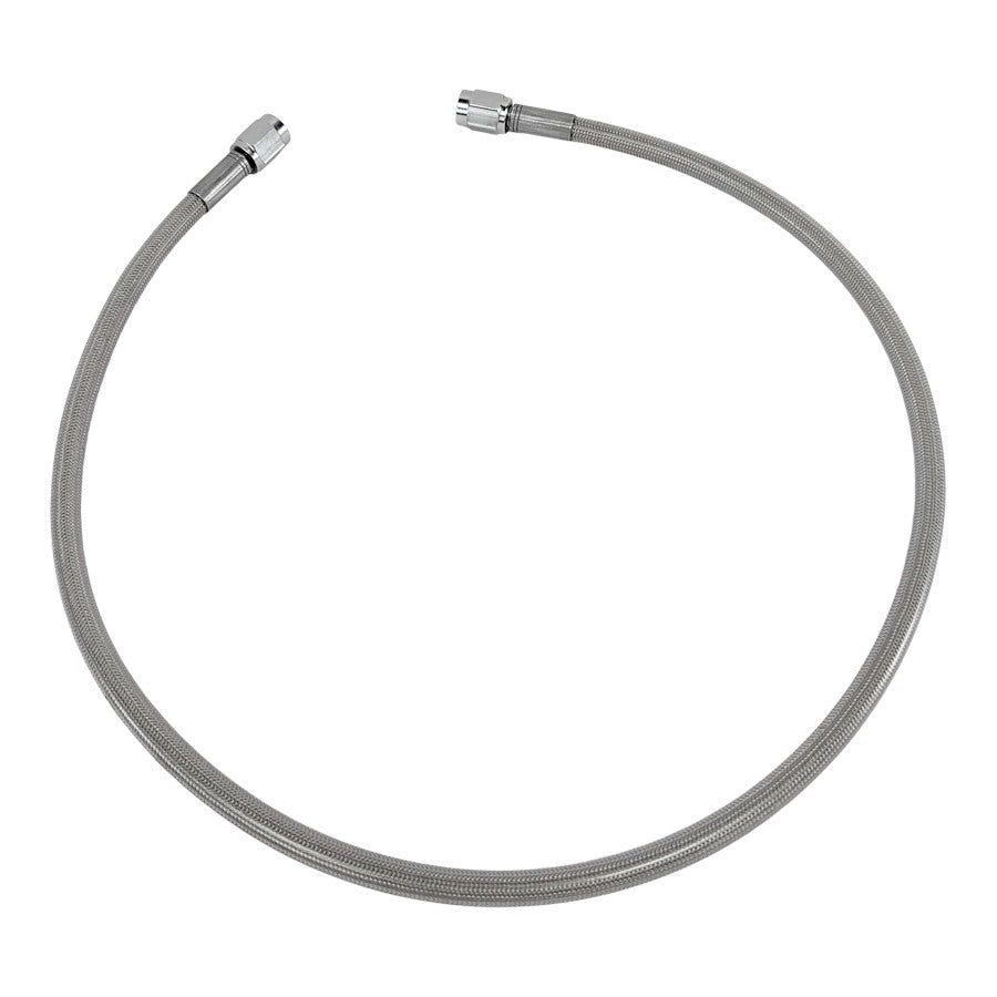 A motorcycle brake line with a PTFE liner and stainless steel braid on a white background: The Goodridge Universal Stainless Steel Braided Motorcycle Brake Line - Clear Coated - 52".