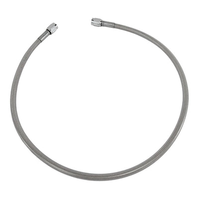 A hose with a Goodridge Universal Stainless Steel Braided Motorcycle Brake Line - Clear Coated - 23" on a white background.