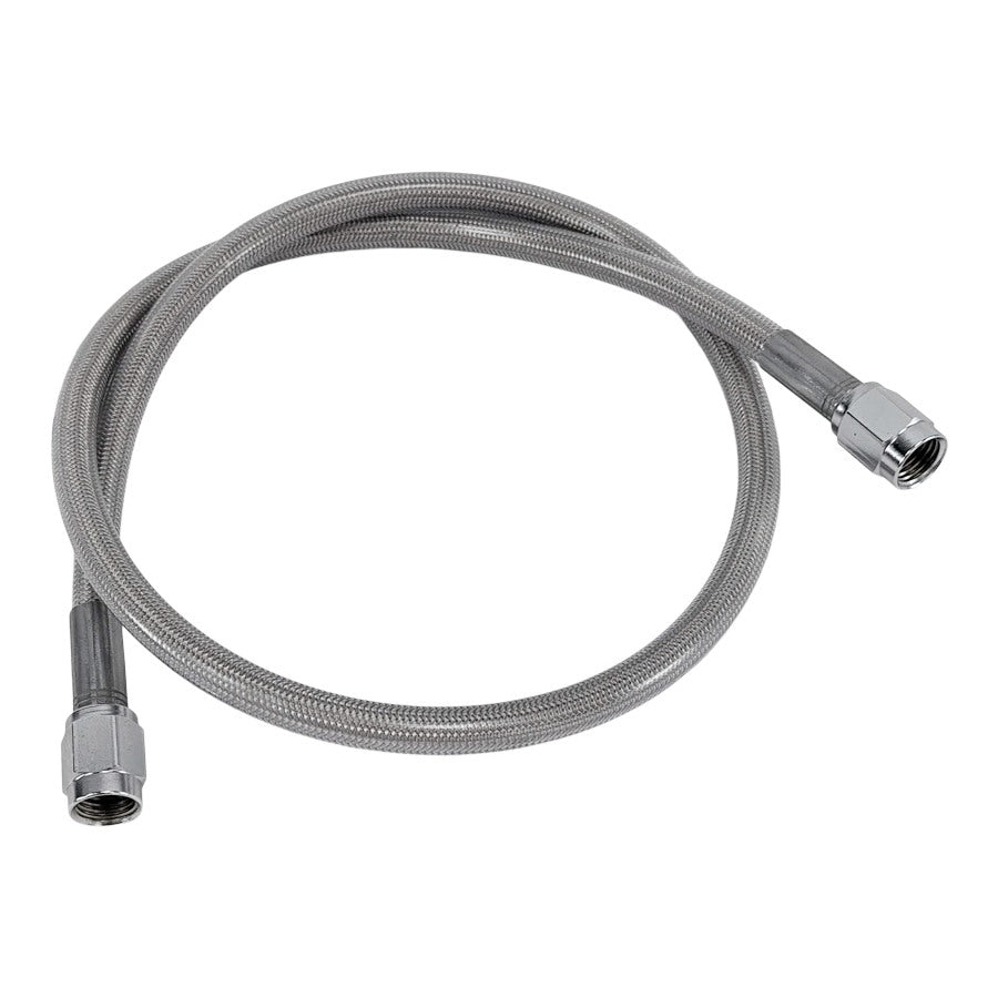 A Goodridge stainless steel hose with a Universal Stainless Steel Braided Motorcycle Brake Line - Clear Coated - 21" for hydraulic and brake fluids.