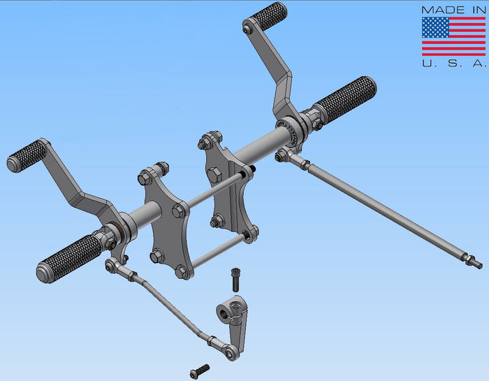 A 3D model of an American flag-adorned TC Bros. Harley Sportster motorcycle with the TC Bros. Sportster Forward Controls Kit for 91-03 5 Speed bolted on.