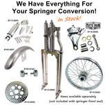 Two Moto Iron® Springer Front Ends for Harley-Davidson frames with 1" necks—one chrome, one black—are displayed side by side with a metal rod and two small parts. Ideal for custom Harley-Davidson springer setups.