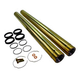 A pair of TC Bros. Gold Titanium Nitride Coated Fork Tubes "Stock Length" 49mm for FXD/FXDWG Dyna Wide Glide seal kit for a motorcycle.