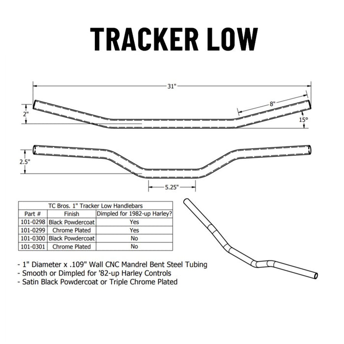 A black drawing of TC Bros. 1" Tracker Low Handlebars on Harley models.