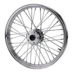 A Moto Iron® 19” × 2.5” Rear Tracker Wheel for 1973-2003 Harley-Davidson Big Twin and Sportster, featuring chrome spokes, a central hub, and valve stem, is displayed against a white background.