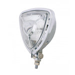 An image of a Moto Iron® Triangle Chopper Headlight - Aris Style - Chrome on a white background featuring the Aris Style and powered by a 12V 35W halogen bulb.