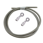 The Moto Iron® Stainless Braided Brake Line Kit - Cut-To-Fit is shown coiled with two stainless steel banjo fittings beside it, all set against a white background.