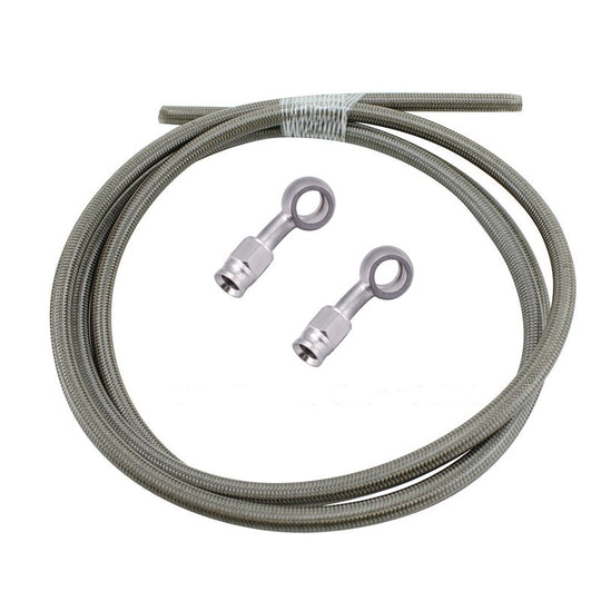 The Moto Iron® Stainless Braided Brake Line Kit - Cut-To-Fit is shown coiled with two stainless steel banjo fittings beside it, all set against a white background.