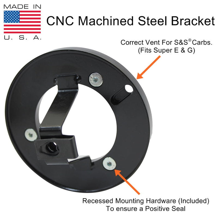 Vintage style TC Bros. Streamliner Black Air Cleaner S&S Super E & G Carbs bracket with a black powdercoat finish.