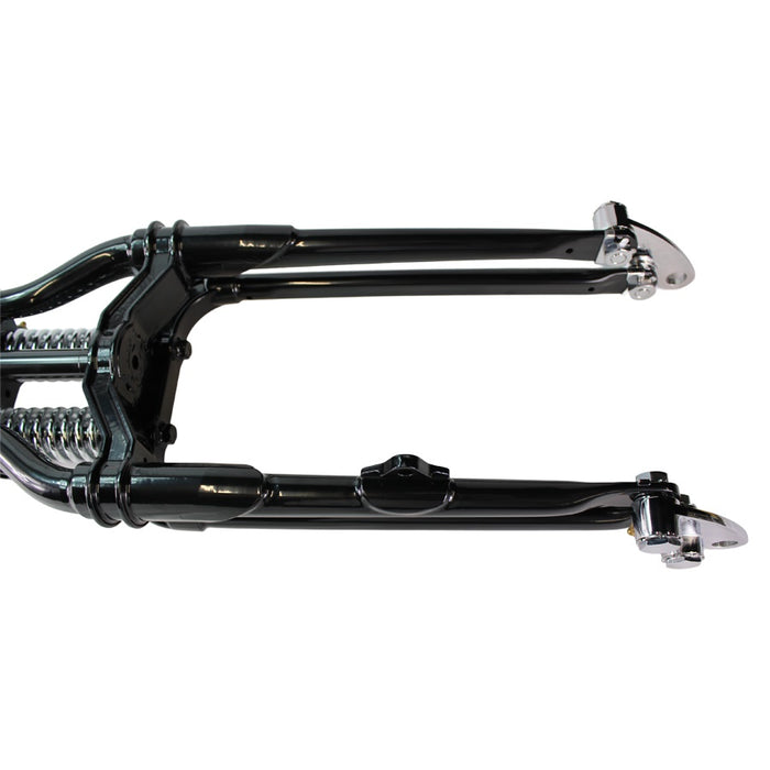 The Moto Iron® Vintage Springer Front End -2" Under Black fits Harley Davidson motorcycles is a bolt-on installation.