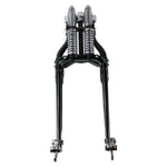 A black and white image of a Vintage Springer Front End Stock Length Black motorcycle suspension system by Moto Iron® fits Harley Davidson.