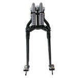 A black and white image of a Vintage Springer Front End Stock Length Black motorcycle suspension system by Moto Iron® fits Harley Davidson.