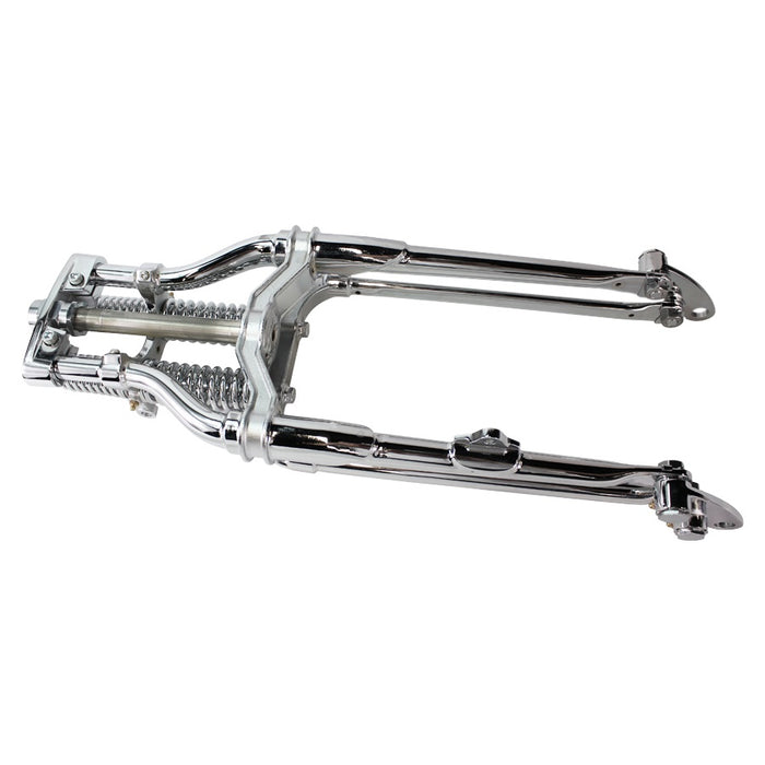 A vintage Harley Davidson motorcycle frame with a bolt-on installation, featuring a Moto Iron® Vintage Springer Front End -4" Under Chrome fits Harley Davidson, on a white background.