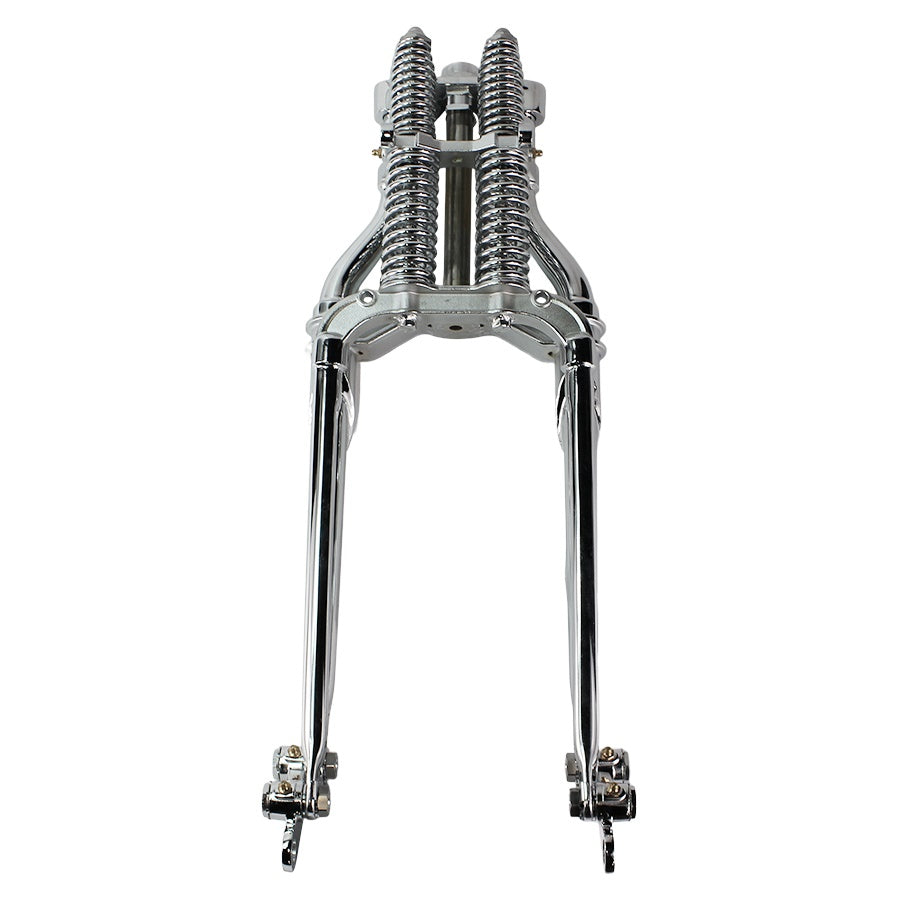 An image of a Moto Iron® Vintage Springer Front End -2" Under Chrome fitting a Harley Davidson motorcycle frame with bolt-on installation on a white background.