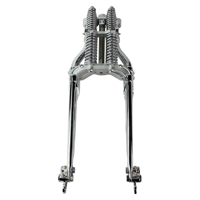 An image of a Moto Iron® Vintage Springer Front End -4" Under Chrome fits Harley Davidson motorcycle frame on a white background.