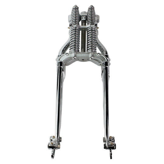 An image of a Vintage Springer Front End Stock Length Chrome fits Harley Davidson by Moto Iron® with a bolt-on installation on a white background.