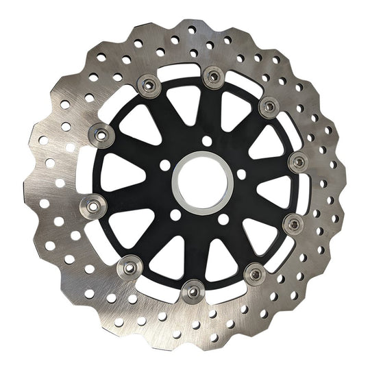 Upgrade your 2000-Up Harley-Davidson with the TC Bros. 11.5" Rear Floating Brake Rotor—featuring a precision-drilled design, black center hub, and top quality from TC Bros.