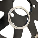 The TC Bros. 11.8" Rear Floating Brake Rotor for 2008-Up Harley-Davidson Bagger features black centers and silver, perforated edges—perfect for enhanced braking performance on your Harley.