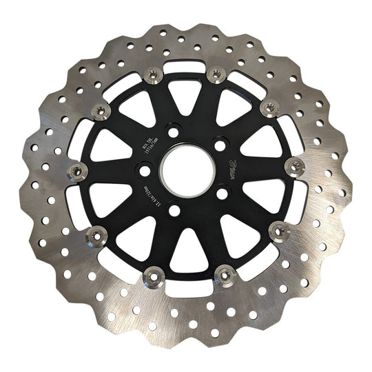 Close-up of the TC Bros. 12.6" Front Floating Brake Rotor for 2000-Up Harley-Davidson wheels, featuring a black center hub and a silver, ventilated, wave-patterned outer edge.