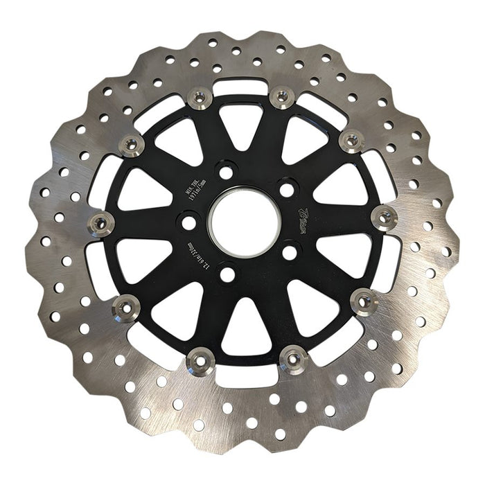 An TC Bros. 12.6in (Oversized) Profile™ Rear Floating Brake rotor for 84-up Harley Models, displayed on a white background.