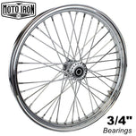 The Moto Iron® 40 spoke 21 x 2.15 Chopper Spool Wheel in chrome features a CNC-machined billet aluminum hub and multiple metal spokes, shown from the side against a white background.