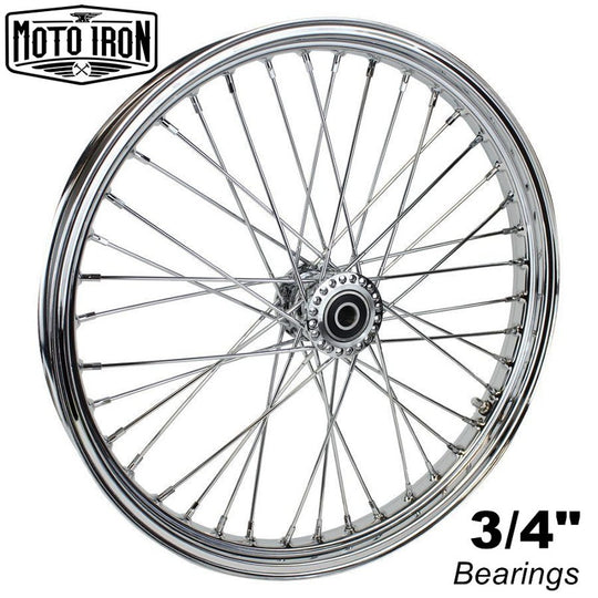 The Moto Iron® 40 spoke 21 x 2.15 Chopper Spool Wheel in chrome features a CNC-machined billet aluminum hub and multiple metal spokes, shown from the side against a white background.