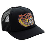 The TC Bros. "Wing" Five-Panel Trucker Hat in black features a vibrant wing and engine graphic with "TC Bros." on the front panel. This adjustable snapback offers a perfect fit for trucker hat fans.